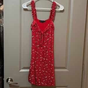 Red with white floral mini dress.